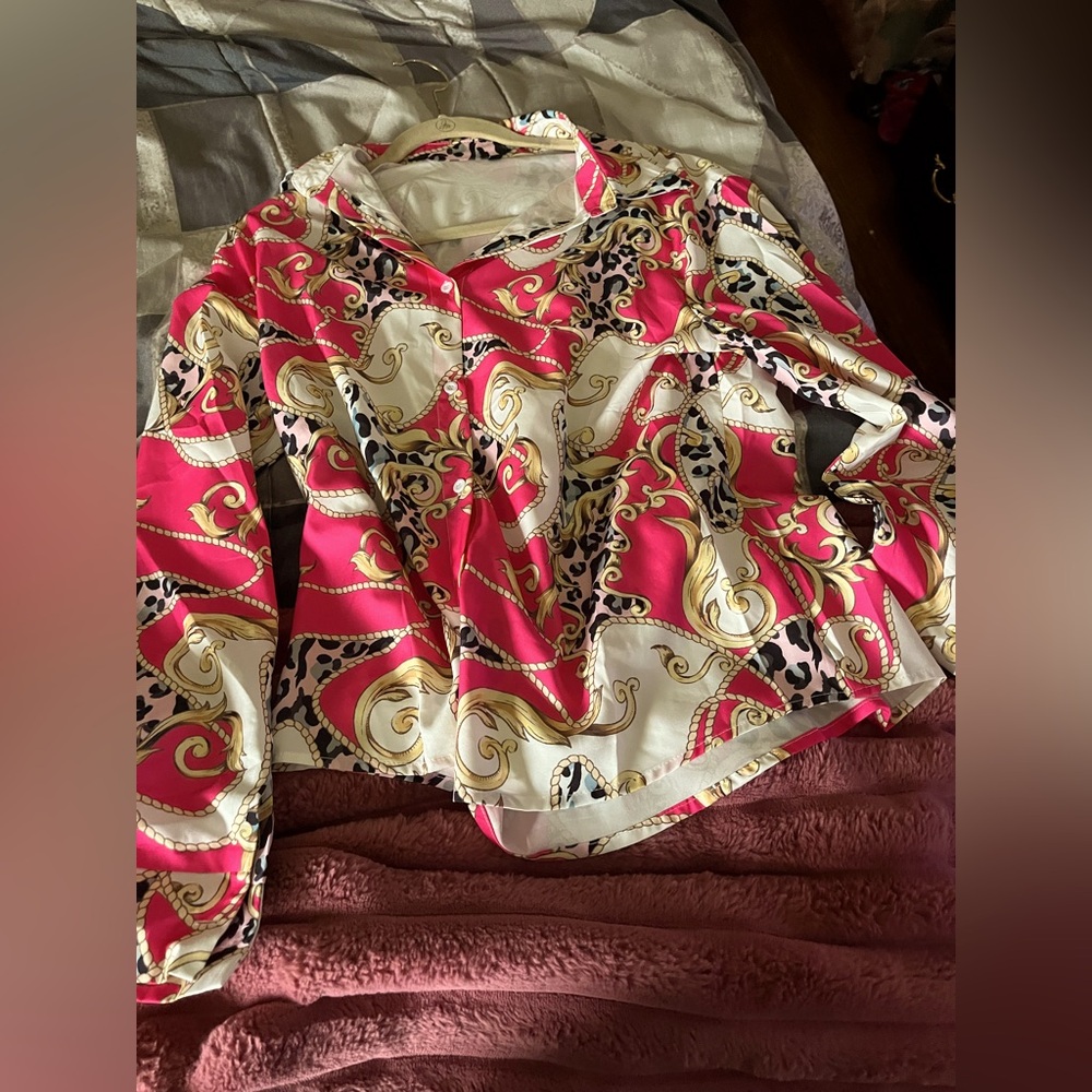 Vibrant Pink and Gold Patterned Blouse